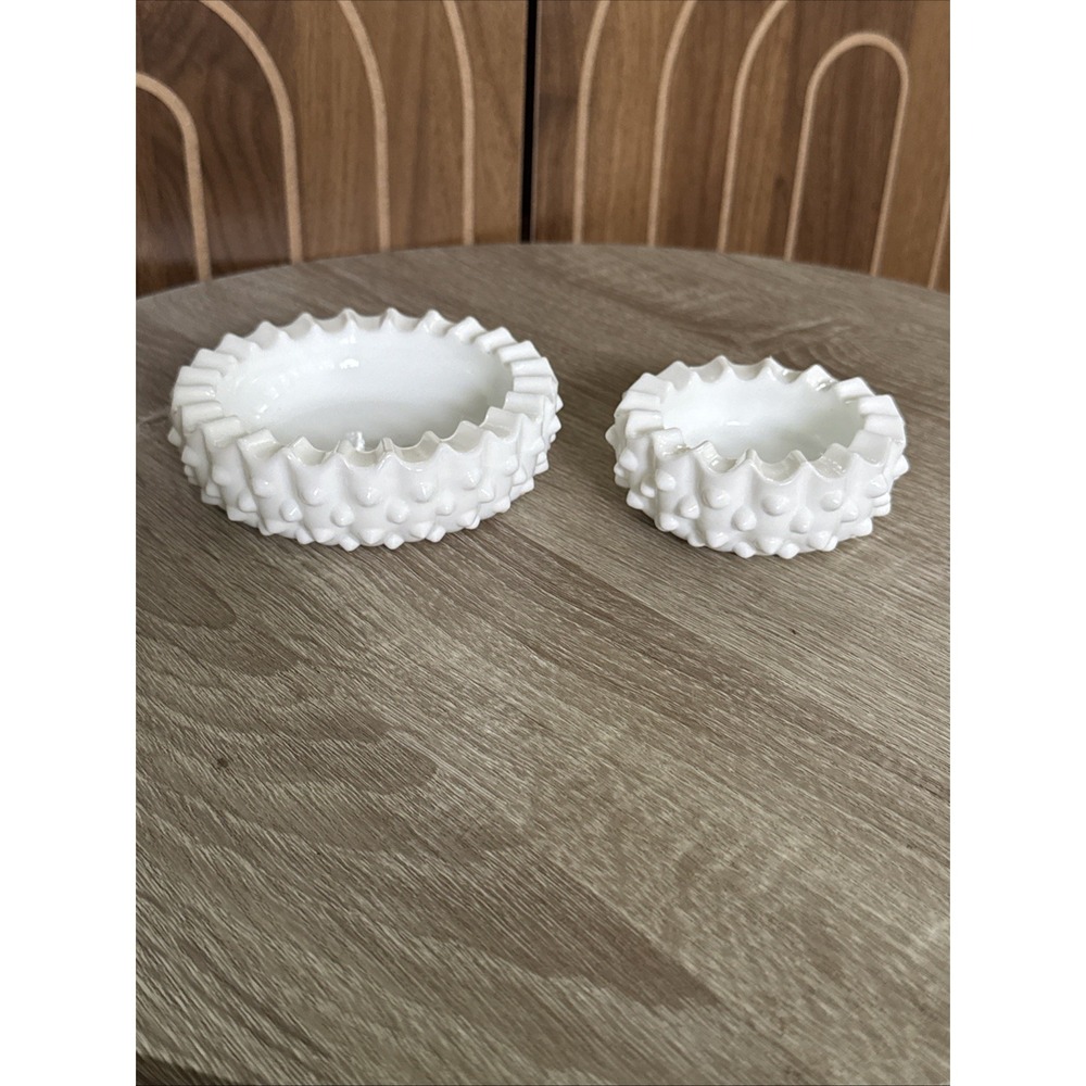 Set 2 Hobnail Milk Glass Stackable Fenton Ashtray Trinket Dish Round Fluted Edge